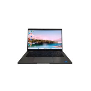 Dark gray laptop open with a lakeside landscape wallpaper on screen, keyboard visible