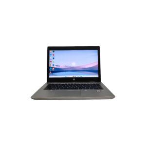 640_1 - MITECH SOLUTIONS Open silver HP laptop on a white background, screen displaying a blue-pink landscape wallpaper.